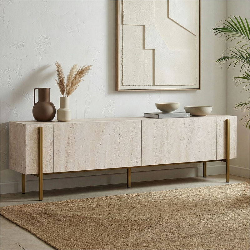 Maklaine TV Stand with Metal Legs and Storage in Travertine and Gold