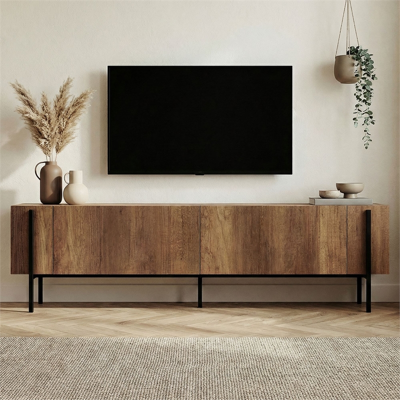 Maklaine Sleek TV Stand with Metal Legs in Barok Walnut and Black