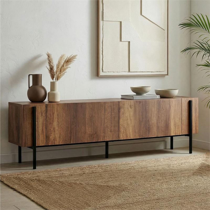 Maklaine Sleek TV Stand with Metal Legs in Barok Walnut and Black