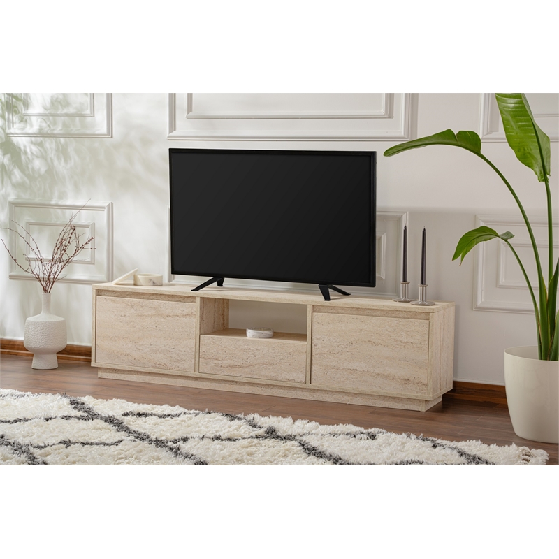 Maklaine TV Stand with Marble Look and Storage in Travertine