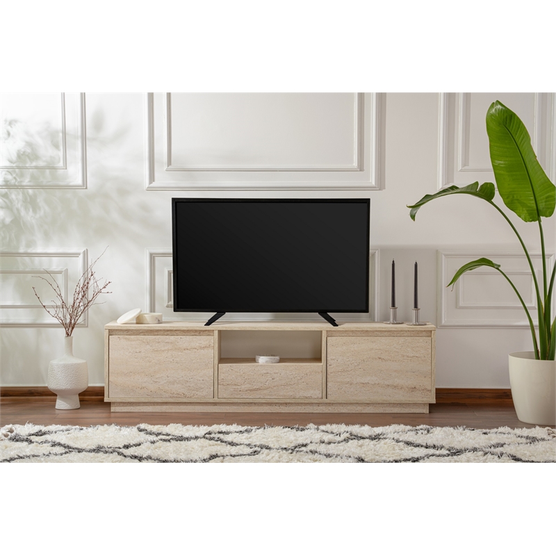 Maklaine TV Stand with Marble Look and Storage in Travertine