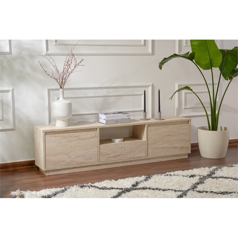 Maklaine TV Stand with Marble Look and Storage in Travertine