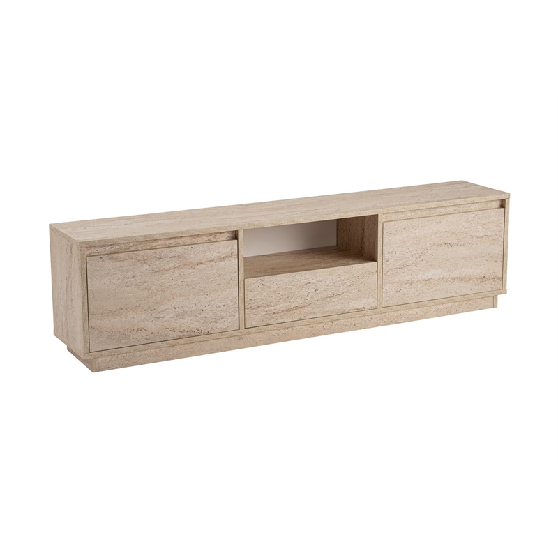 Maklaine TV Stand with Marble Look and Storage in Travertine