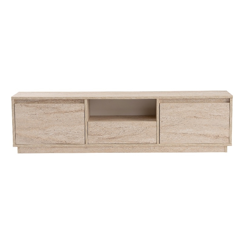 Maklaine TV Stand with Marble Look and Storage in Travertine