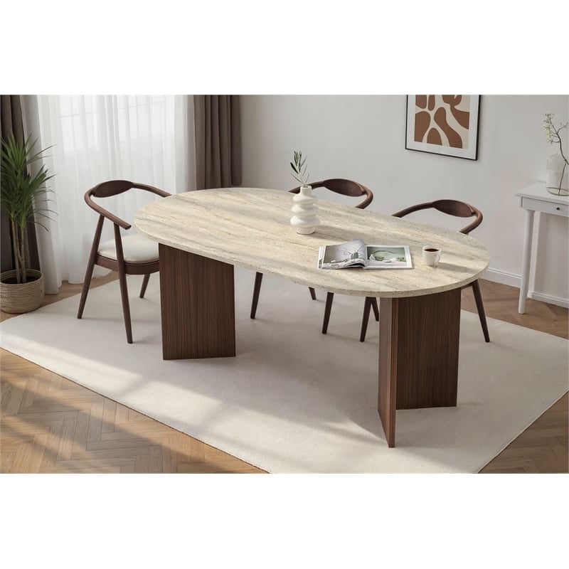 Maklaine Rectangular Dining Table in Travertine and Milano Walnut