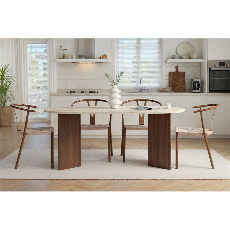 Maklaine Rectangular Dining Table in Travertine and Milano Walnut