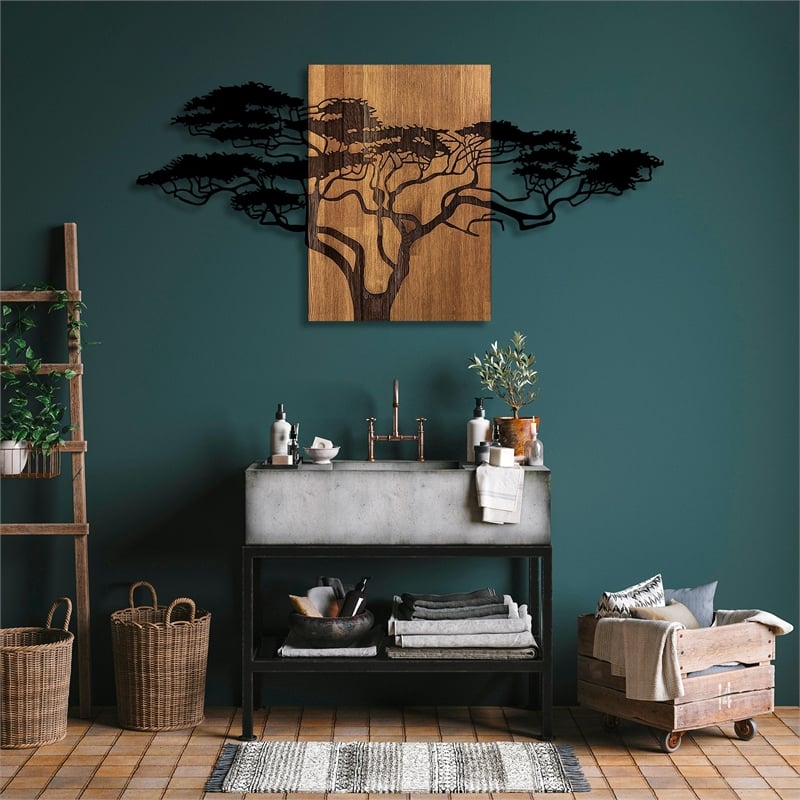 Maklaine Acacia Tree Wooden Wall Accessory in Black and Walnut