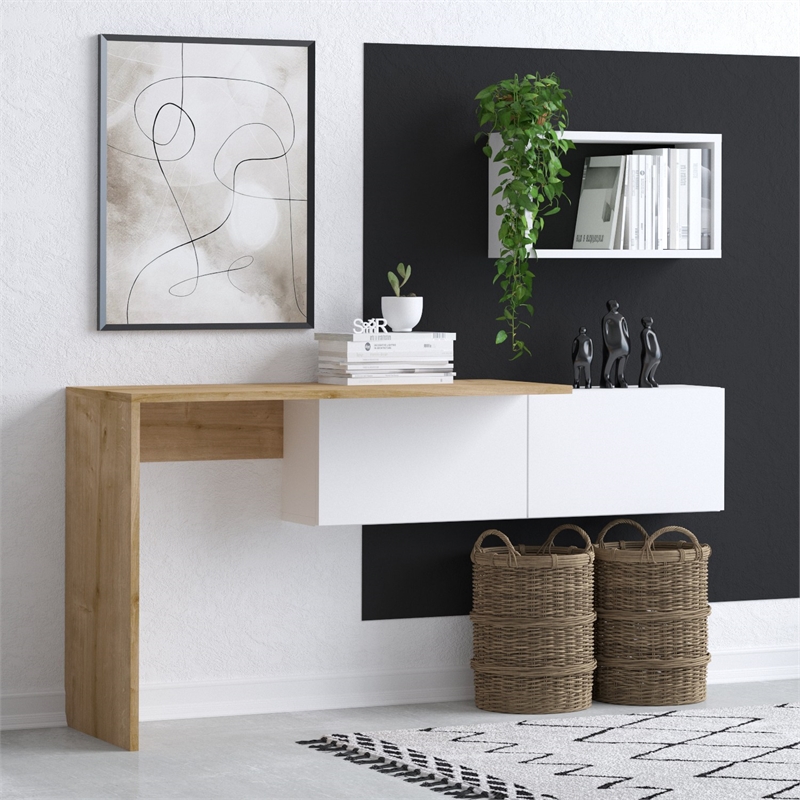 Maklaine Modern Spacious Study Desk with Shelf in White and Oak