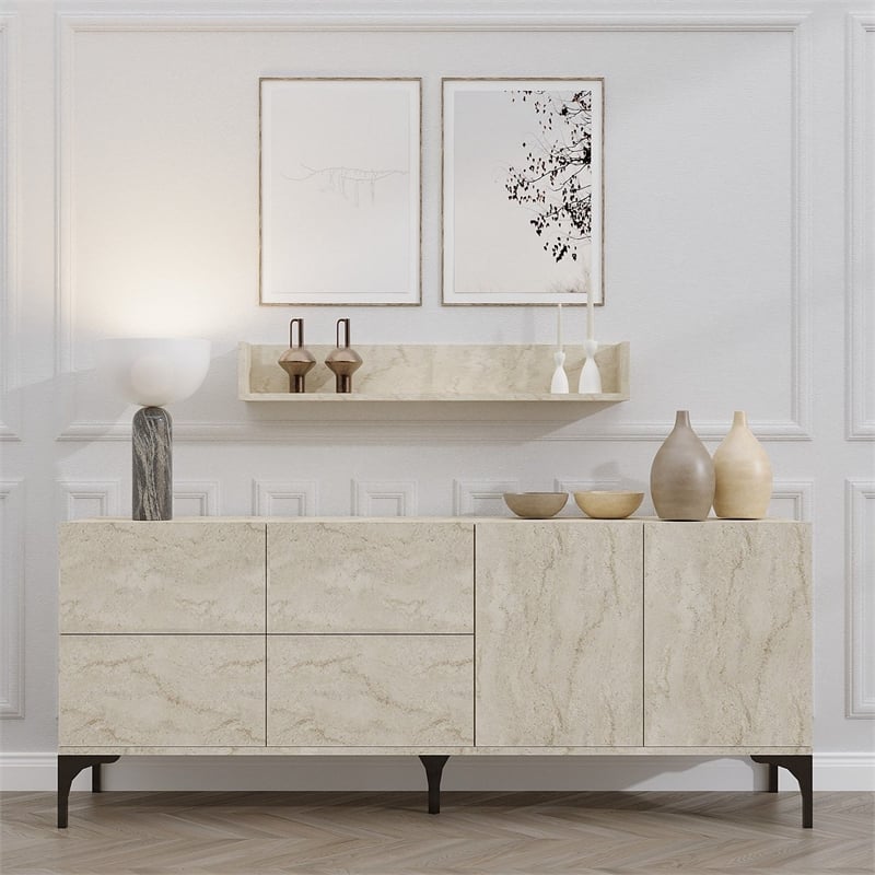 Maklaine Console Table with Wall Shelf Set and Storage in Travertine