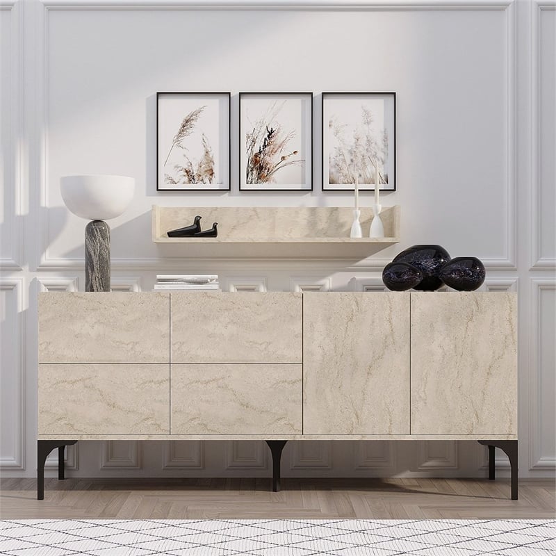 Maklaine Console Table with Wall Shelf Set and Storage in Travertine