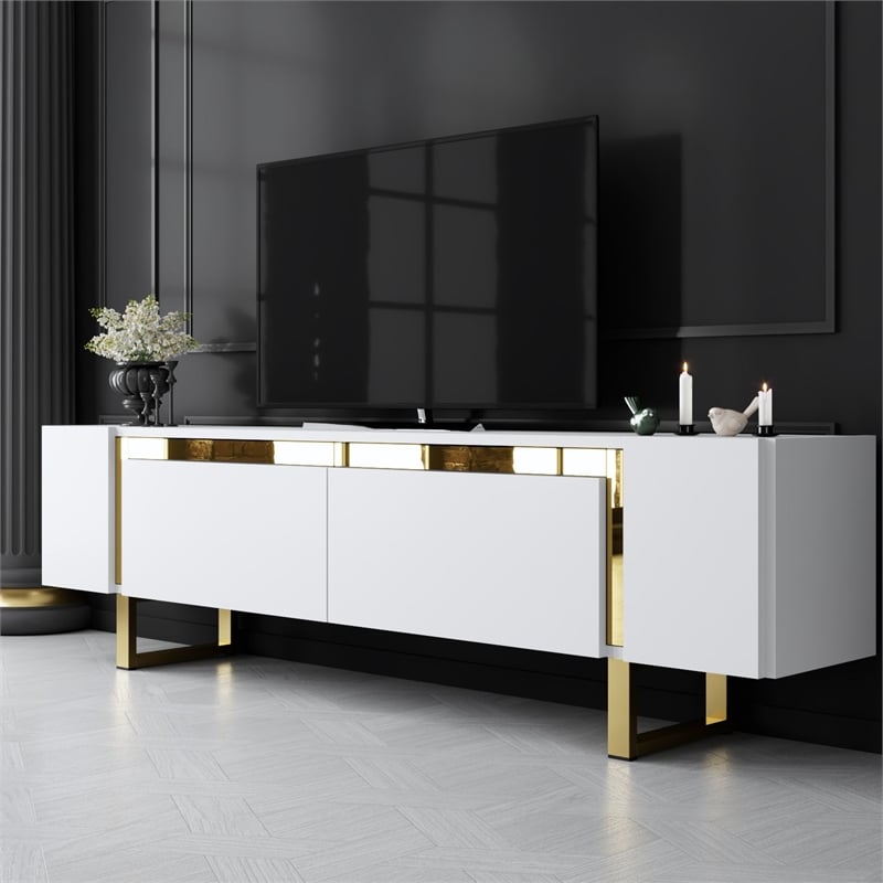 Maklaine TV Stand with Metal Legs and Storage in White and Gold