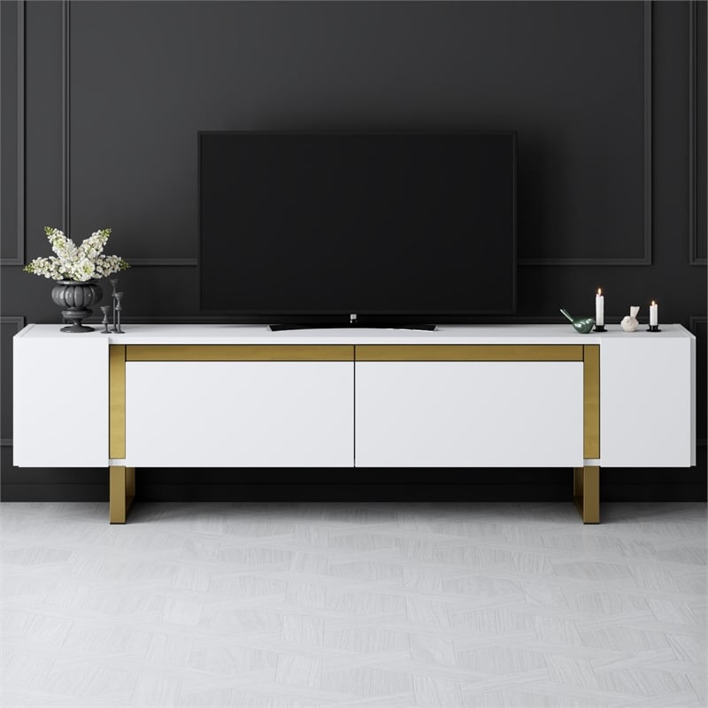 Maklaine TV Stand with Metal Legs and Storage in White and Gold