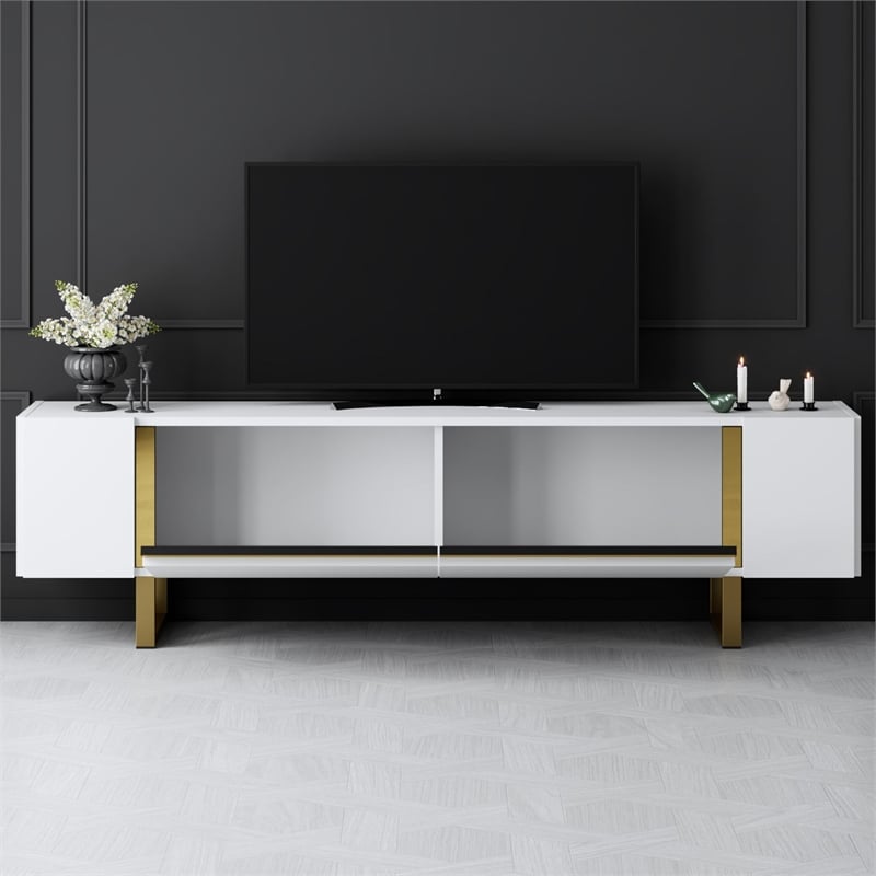 Maklaine TV Stand with Metal Legs and Storage in White and Gold