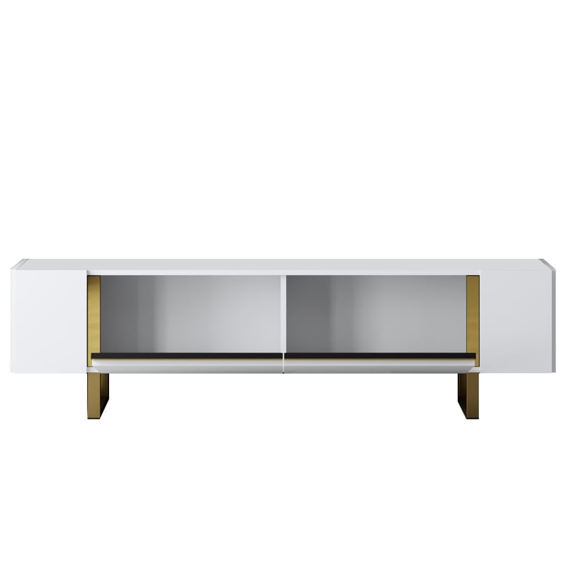Maklaine TV Stand with Metal Legs and Storage in White and Gold