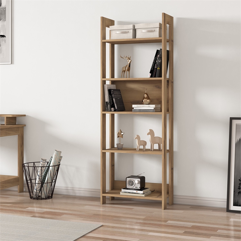 Maklaine Tall Country Bookshelf with Numerous Shelves in Oak