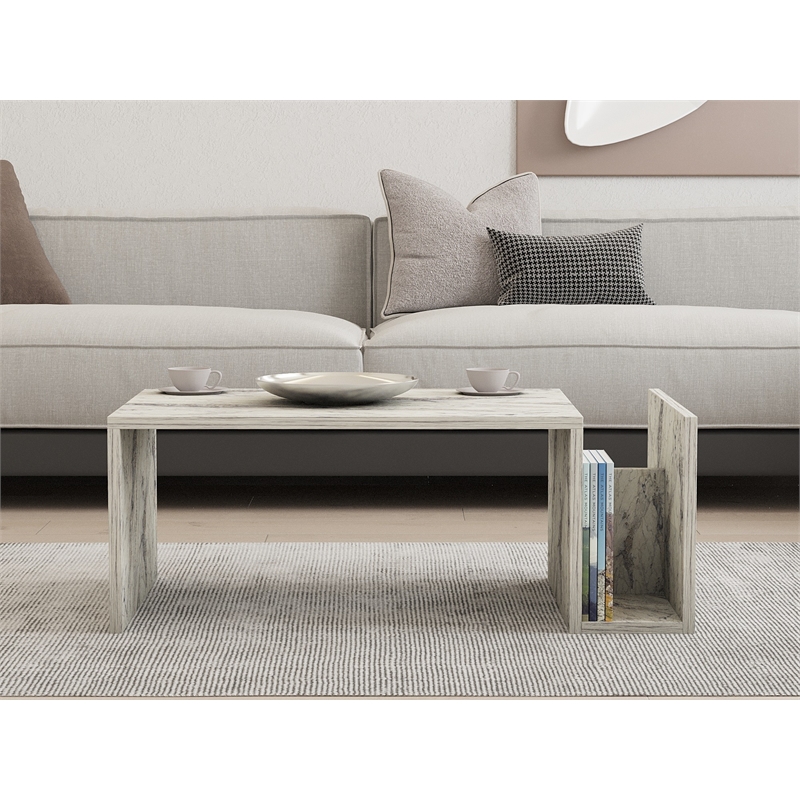 Maklaine Coffee Table with Lower Storage Shelf in Freesia Marble