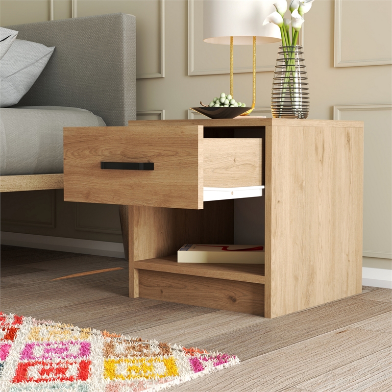Maklaine Scandinavian Nightstand with Drawer and Shelves in Oak