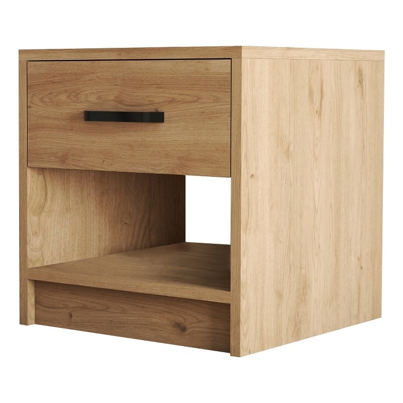 Maklaine Scandinavian Nightstand with Drawer and Shelves in Oak
