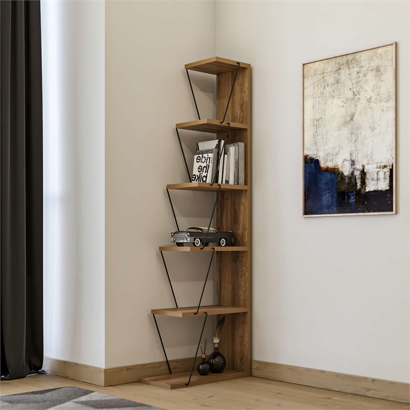 Maklaine Tall Industrial Bookshelf with Sturdy Metal Frame in Pine