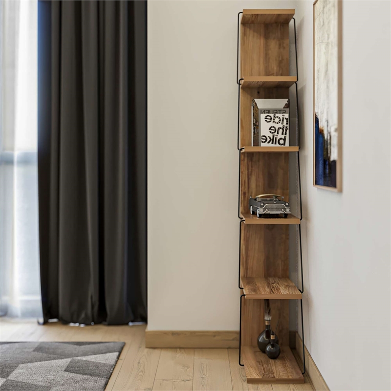Maklaine Tall Industrial Bookshelf with Sturdy Metal Frame in Pine