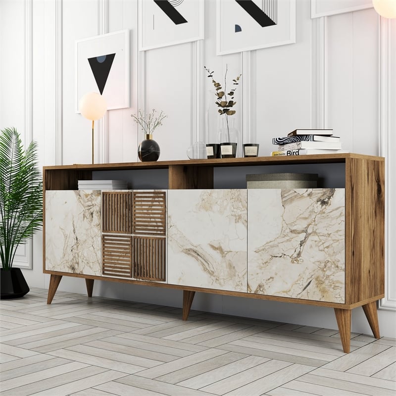 Maklaine Console Table with Marble Look and Shelves in Walnut and White