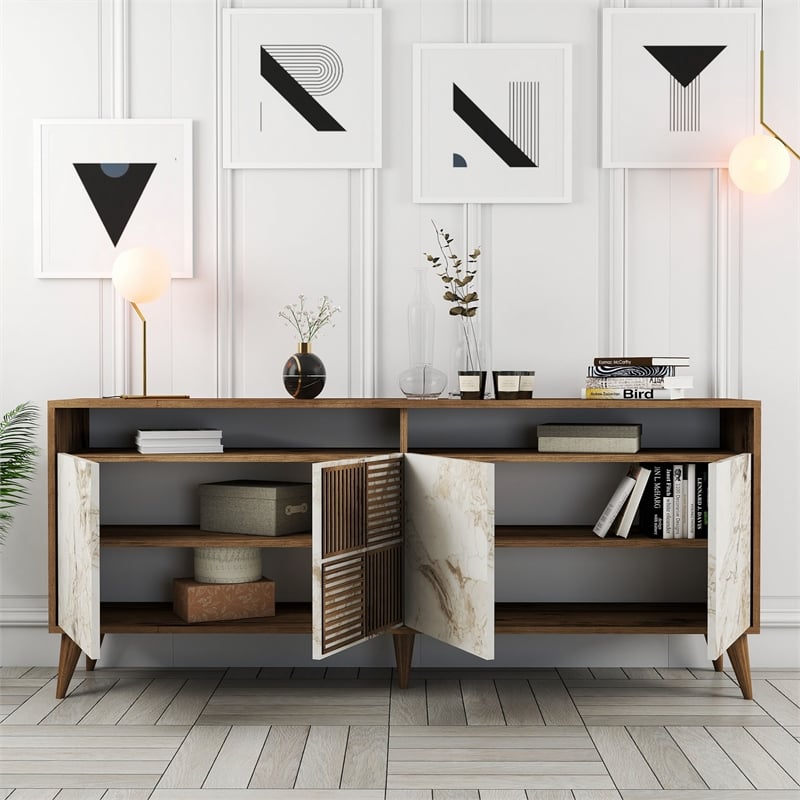 Maklaine Console Table with Marble Look and Shelves in Walnut and White