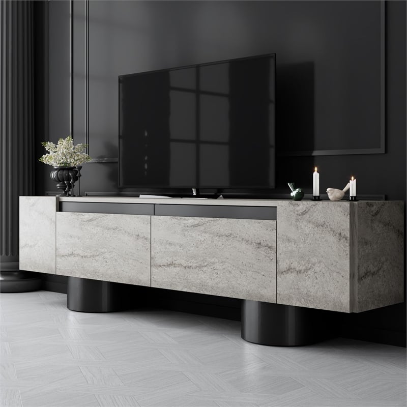 Maklaine TV Stand with Metal Legs and Storage in Travertine and Black