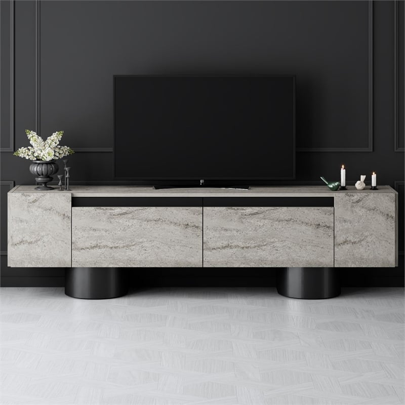 Maklaine TV Stand with Metal Legs and Storage in Travertine and Black