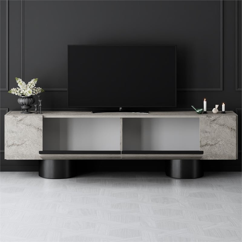Maklaine TV Stand with Metal Legs and Storage in Travertine and Black