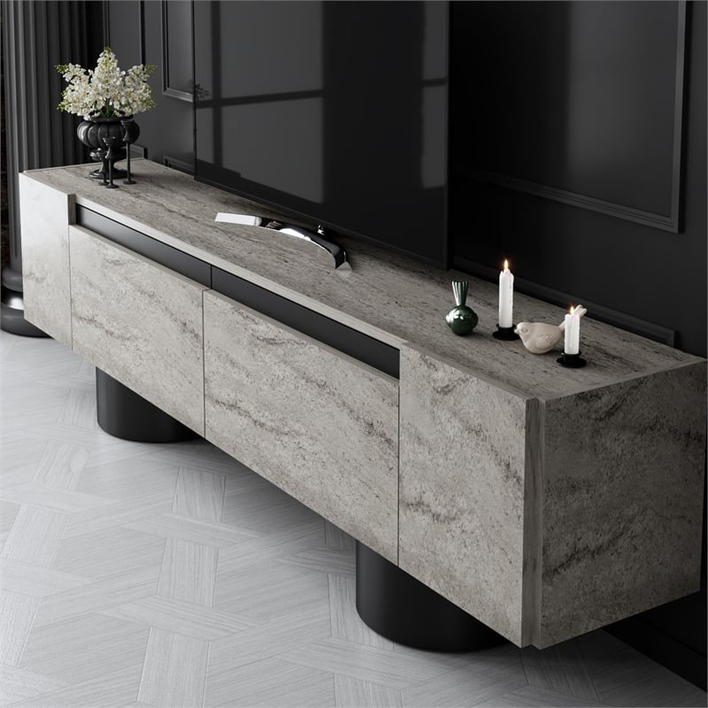 Maklaine TV Stand with Metal Legs and Storage in Travertine and Black