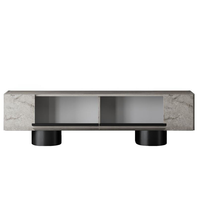 Maklaine TV Stand with Metal Legs and Storage in Travertine and Black