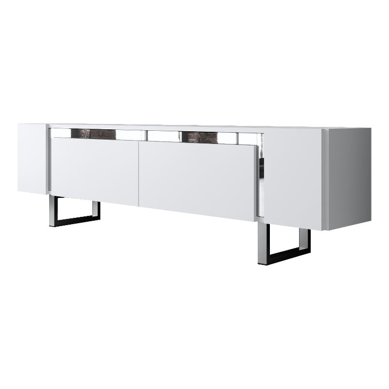 Maklaine TV Stand with Metal Legs and Storage in White and Silver