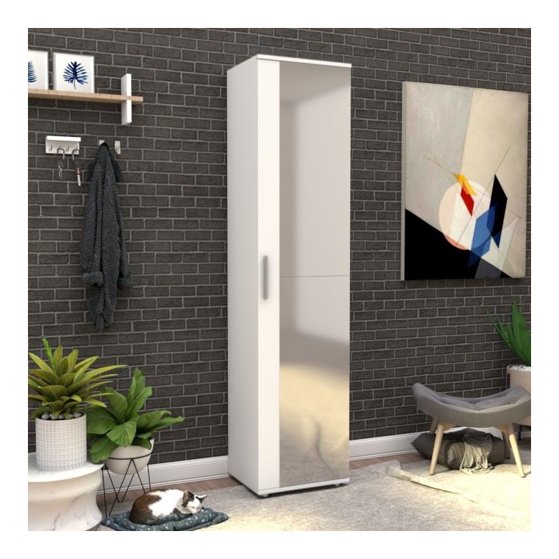 Maklaine Tall Shoe Cabinet with Mirror Door and Shelves in White