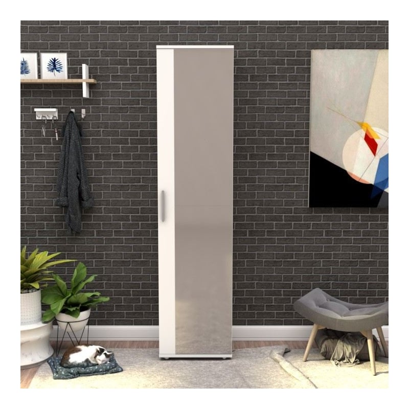 Maklaine Tall Shoe Cabinet with Mirror Door and Shelves in White