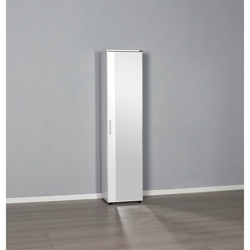 Maklaine Tall Shoe Cabinet with Mirror Door and Shelves in White