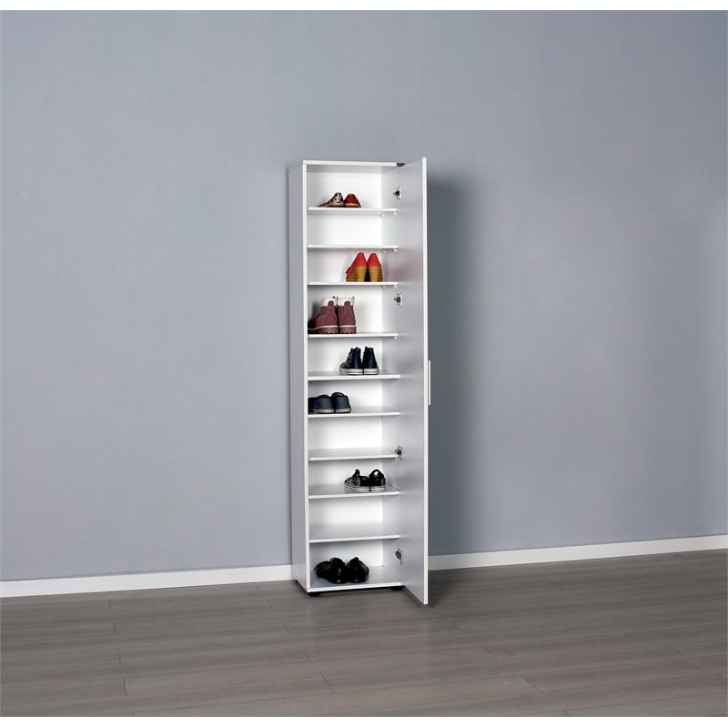 Maklaine Tall Shoe Cabinet with Mirror Door and Shelves in White