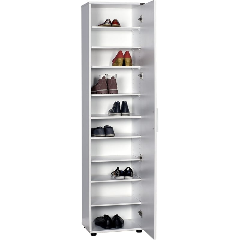 Maklaine Tall Shoe Cabinet with Mirror Door and Shelves in White