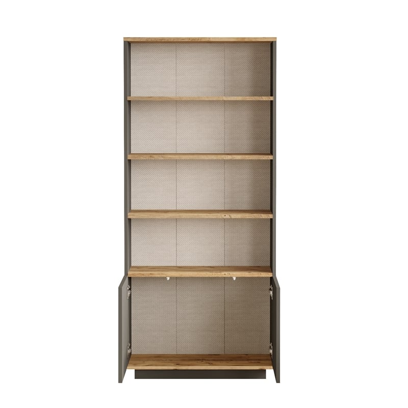 Maklaine Bookshelf with Push-Open Doors in Atlantic Pine and Anthracite