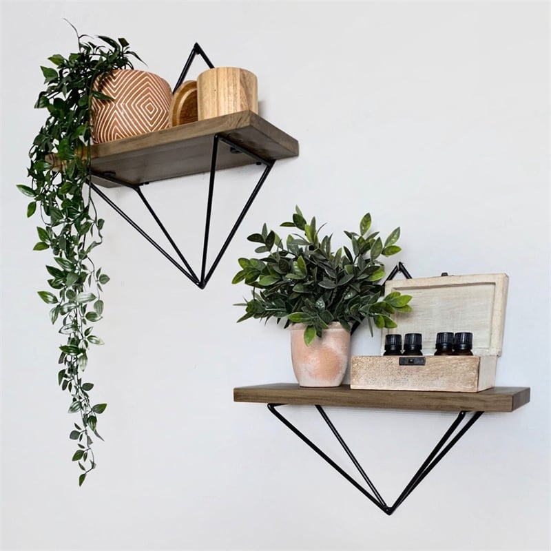 Maklaine Decorative Wooden Wall Shelf Set of 2 in Walnut and Black