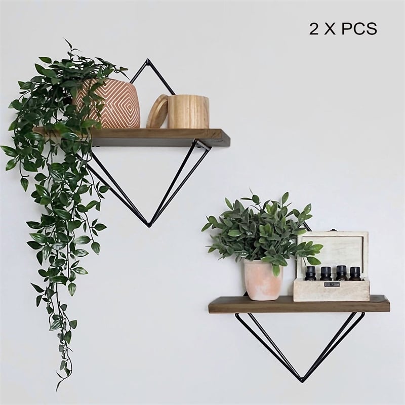Maklaine Decorative Wooden Wall Shelf Set of 2 in Walnut and Black