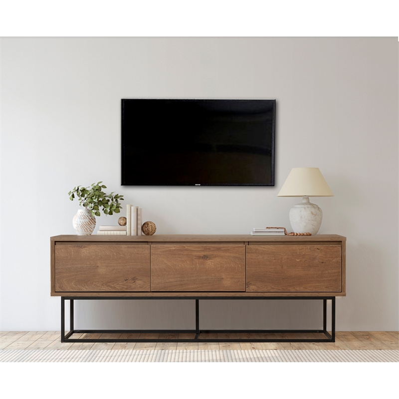 Maklaine TV Stand with Metal Frame and Shelves in Walnut and Black