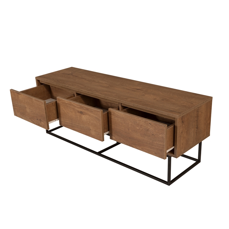 Maklaine TV Stand with Metal Frame and Shelves in Walnut and Black
