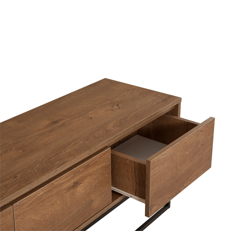 Maklaine TV Stand with Metal Frame and Shelves in Walnut and Black