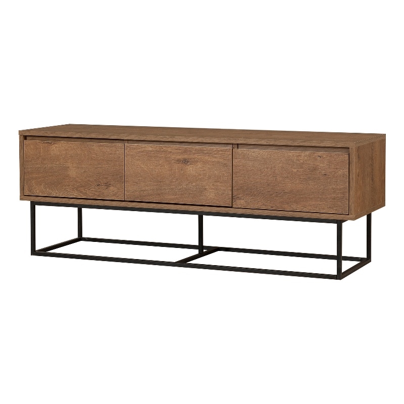 Maklaine TV Stand with Metal Frame and Shelves in Walnut and Black
