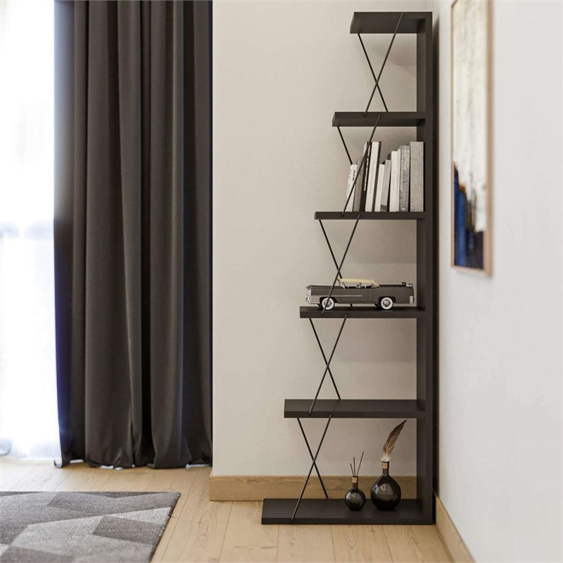 Maklaine Industrial Bookshelf with Metal Frame in Anthracite