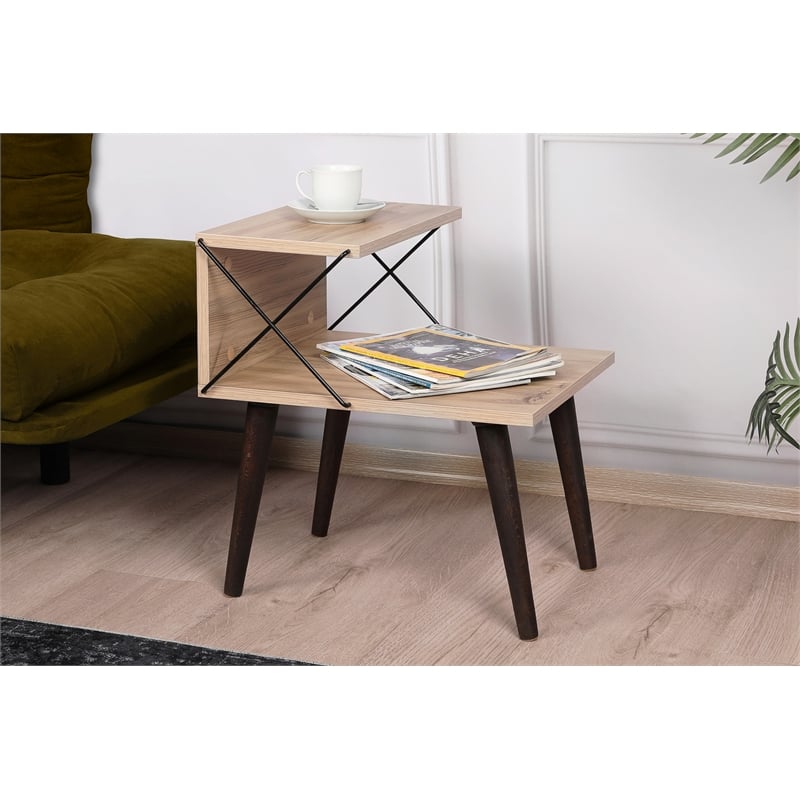 Maklaine Modern Nightstand with Shelves and Beech Legs in Pine