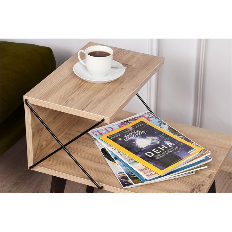 Maklaine Modern Nightstand with Shelves and Beech Legs in Pine