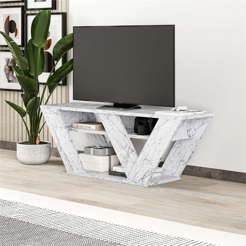 Maklaine Modern TV Stand with Numerous Shelves in Carrara Marble