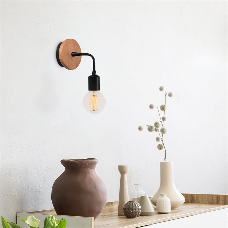 Maklaine Industrial Metal Wall Lamp with Wooden Base in Black