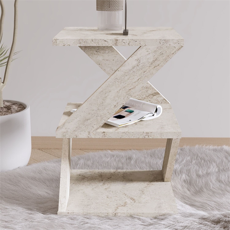 Maklaine Compact Modern Side Table with Shelves in Travertine